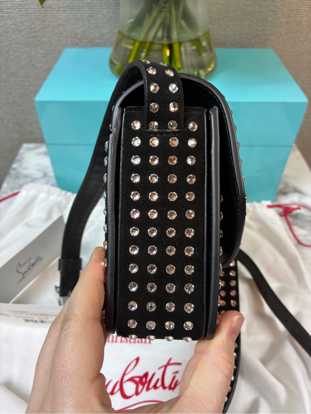 Christian Louboutin Loubi54 Crystal Studded Black Suede Strass Shoulder Bag NWT - Picture 4 of 13